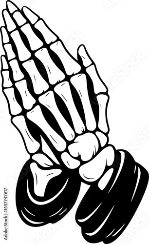 Praying Skeleton Hands Vector Illustration – Gothic Black and White Tattoo Style, Draped Bone Hands in Prayer Pose with Fabric Sleeves, Dark Spiritual Art, Transparent Background