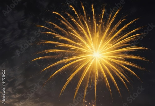 Intense yellow fireworks bloom, bright against inky sky ,  glow,  golden,  dark