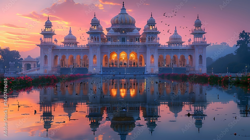 Obraz premium Ornate palace in misty morning light with colorful sky and lake reflections high resolution photo