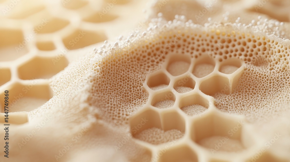 Close-up of honeycomb structure with bubbles, showcasing natural sweetness and texture