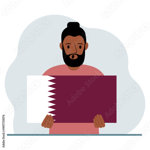 A man is holding the flag of Qatar in his hands. The concept of demonstration, national holiday or patriotism. Nationality. Vector flat illustration