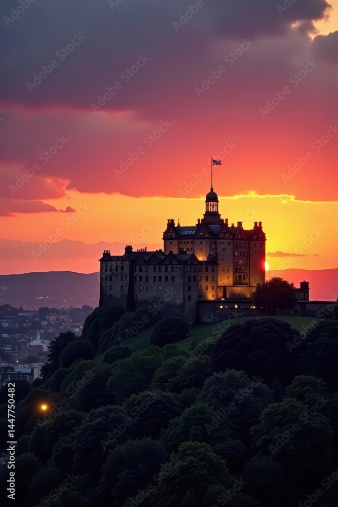 Fototapeta premium Golden hour illuminates Edinburgh Castle, iconic skyline silhouettes against fiery sunset , travel, clouds, sunset