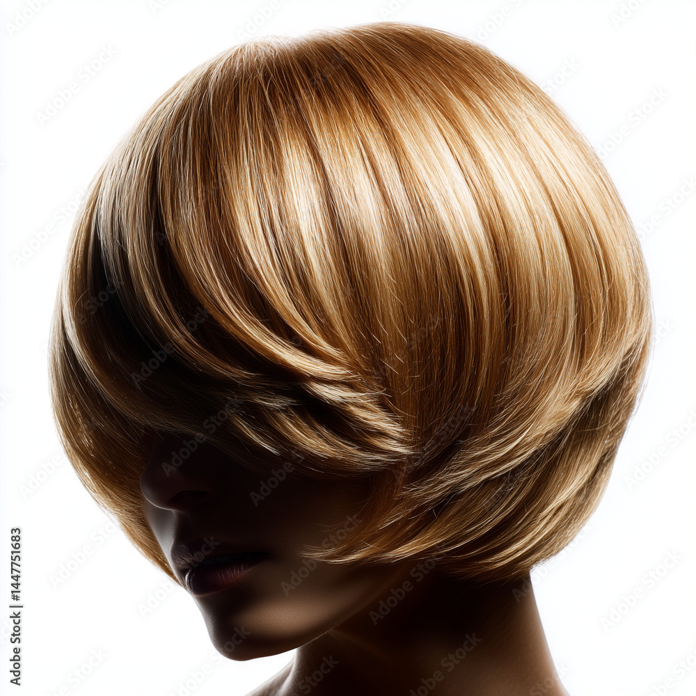Naklejka premium Isolated on solid pure white background, layered haircut with dimension and depth, high-resolution advertising photo.