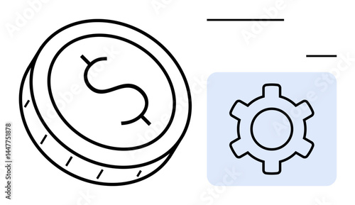 Coin featuring dollar sign beside a gear icon symbolizing money, finance, setting, and process integration. Ideal for fintech, accounting, development, automation, saving simple landing page
