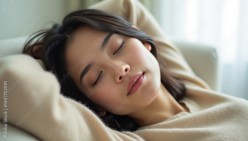 Happy young woman relaxing on comfortable sofa at home Happy young woman relaxing on comfortable sofa at home