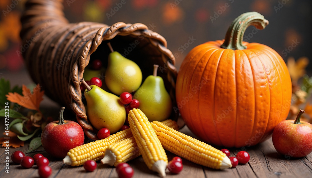 Cornucopia filled with pumpkins, pears, and corn for Thanksgiving