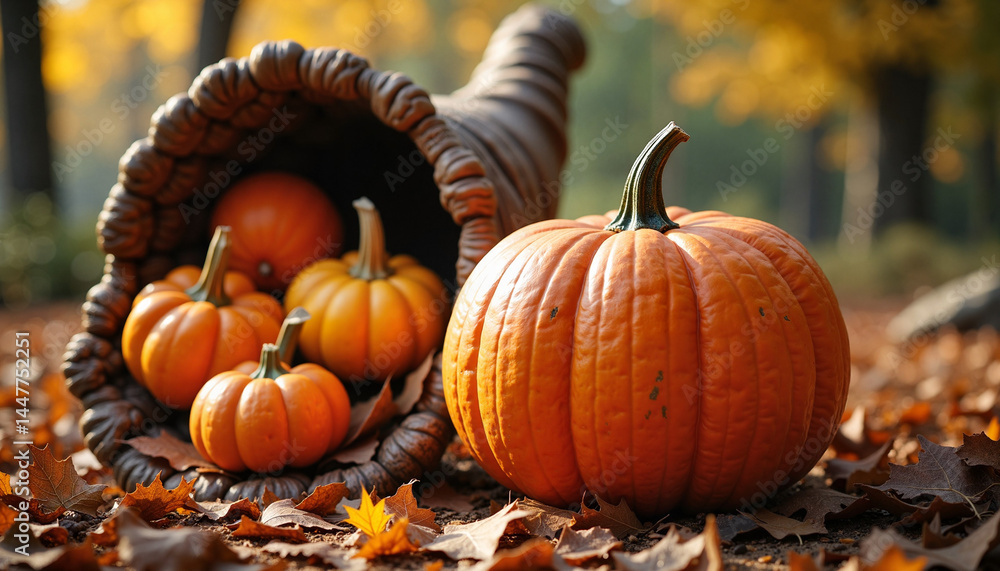 Cornucopia with Pumpkins for Thanksgiving in Autumn Landscape