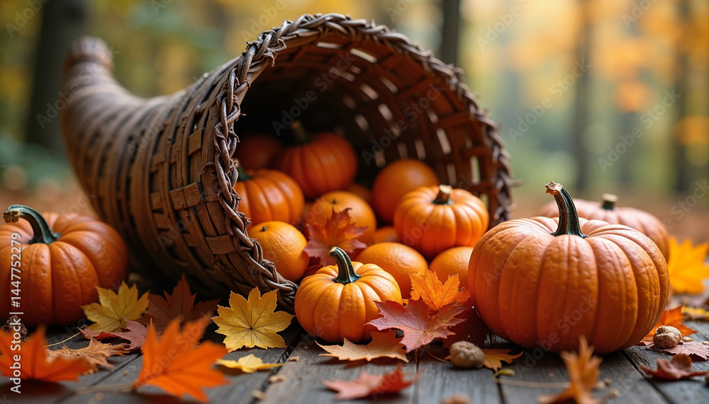 Pumpkin and Cornucopia Overflowing with Autumn Leaves in a Forest
