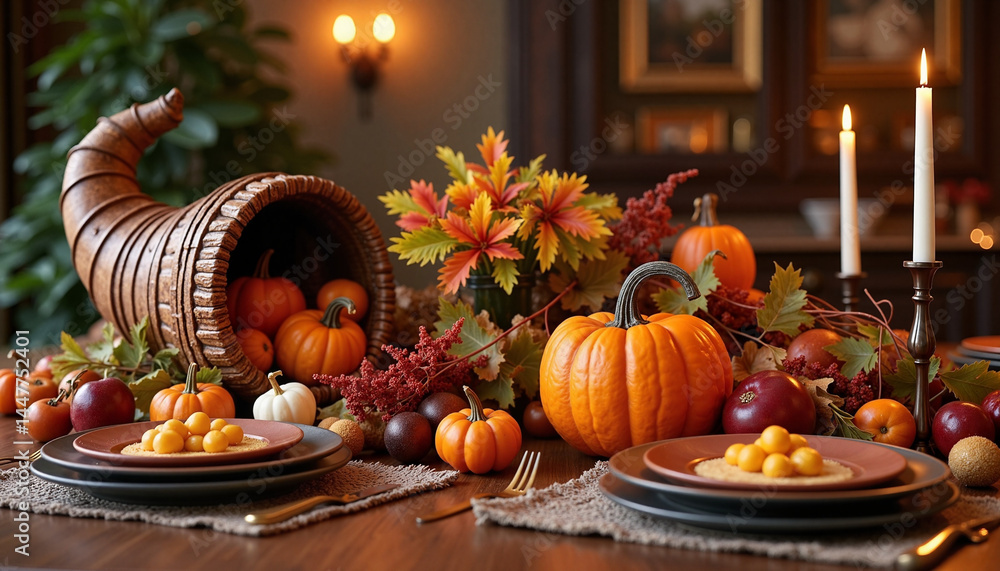 Thanksgiving Pumpkin and Cornucopia Arranged on Table