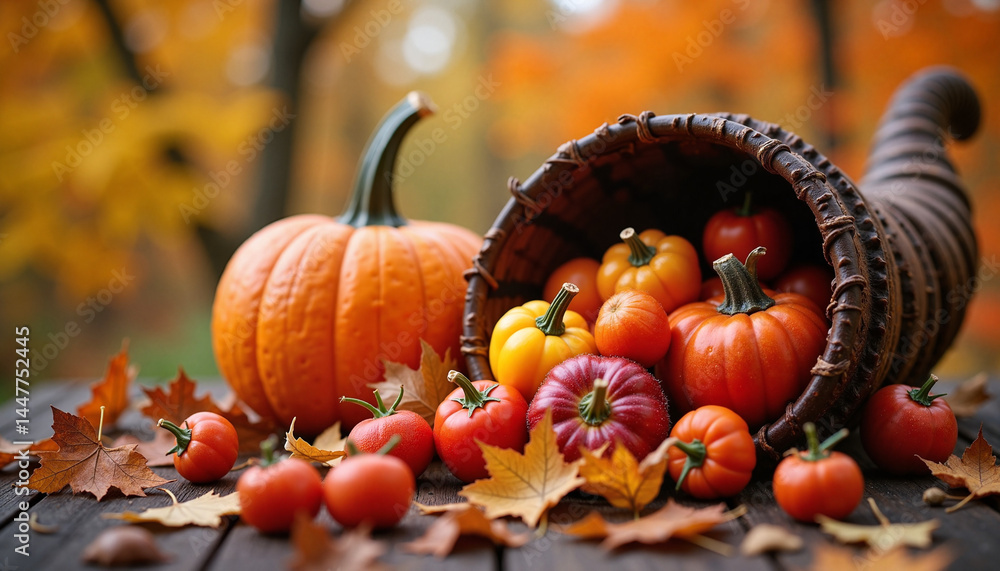 Pumpkin and Cornucopia, Thanksgiving - Autumn Harvest Display