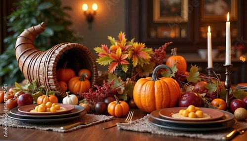 Obraz na płótnie Thanksgiving Pumpkin and Cornucopia Arranged on Table w salonie