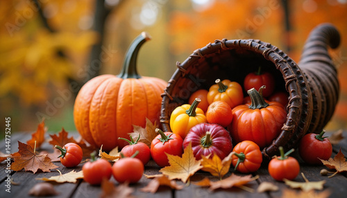 Obraz na płótnie Pumpkin and Cornucopia, Thanksgiving - Autumn Harvest Display w salonie