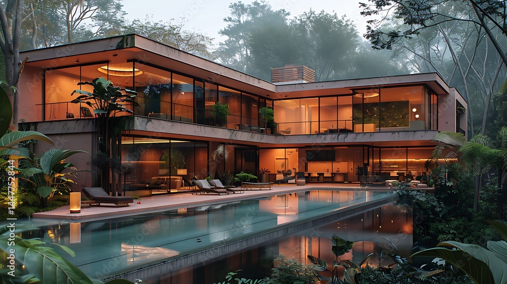 Fototapeta premium Serene jungle retreat house with modern architecture and private pool at dusk high resolution photo