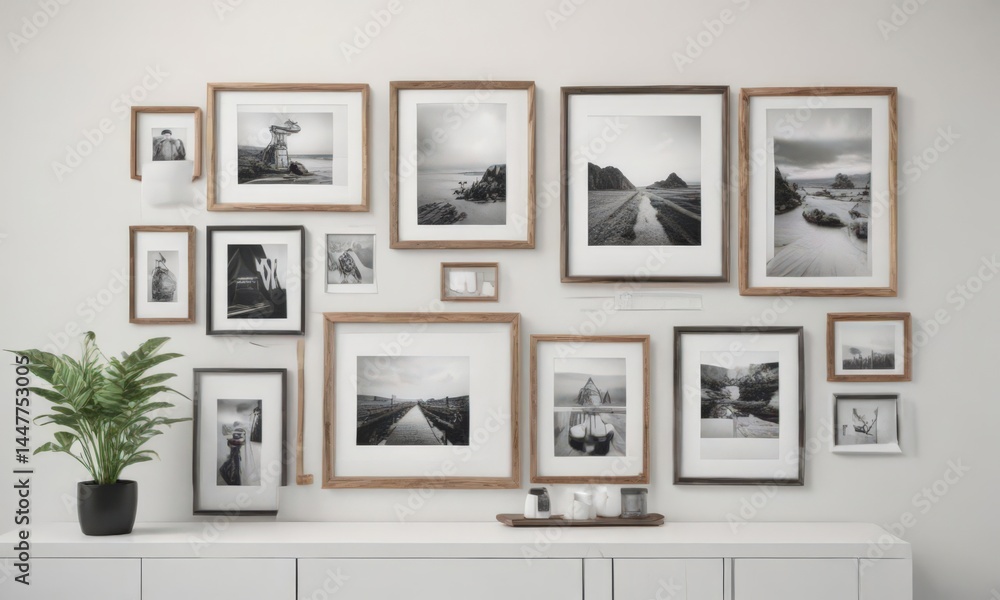 Fototapeta premium Modern photo frame gallery wall, various sizes and styles on white , decor, picture display, interior design