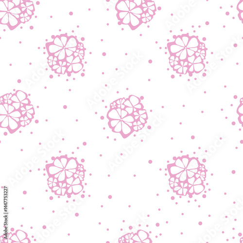 Cute bouquets of flowers on a polka dot background. Seamless vector monochrome pink pattern on a white background.