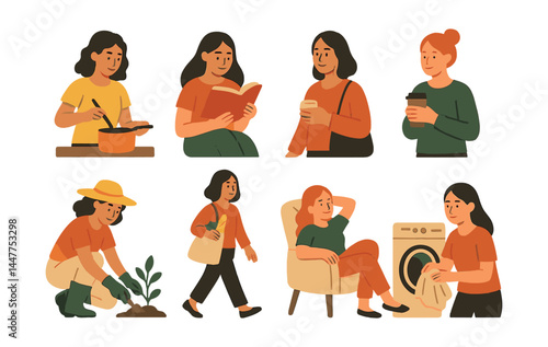 Everyday women activities icon set – cooking, reading, coffee, gardening, shopping, relaxing, laundry
