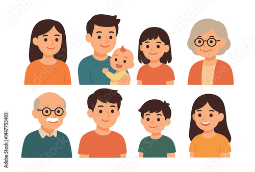 Family members icons set - parents, grandparents, children, baby, smiling faces