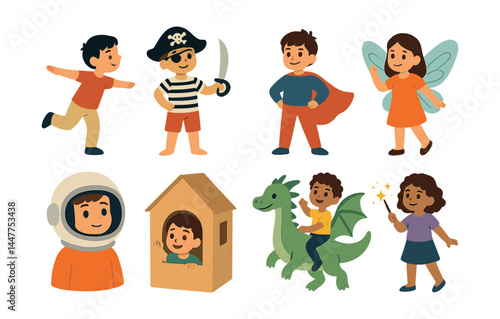 Imaginative play icons set – pirate, superhero, fairy, astronaut, dragon rider, wizard