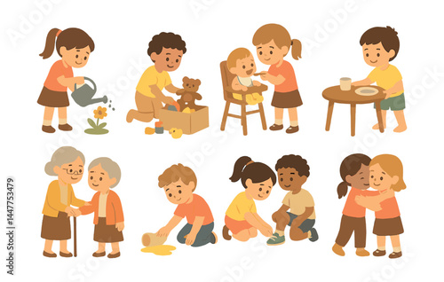 Children helping tasks icons set – watering, cleaning, feeding, dining, guiding, caring, tidying, mopping, tying, hugging
