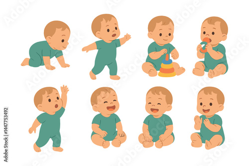 Toddler moments icon set – crawling, curiosity, playing, stacking, reaching, eating, waving, laughing