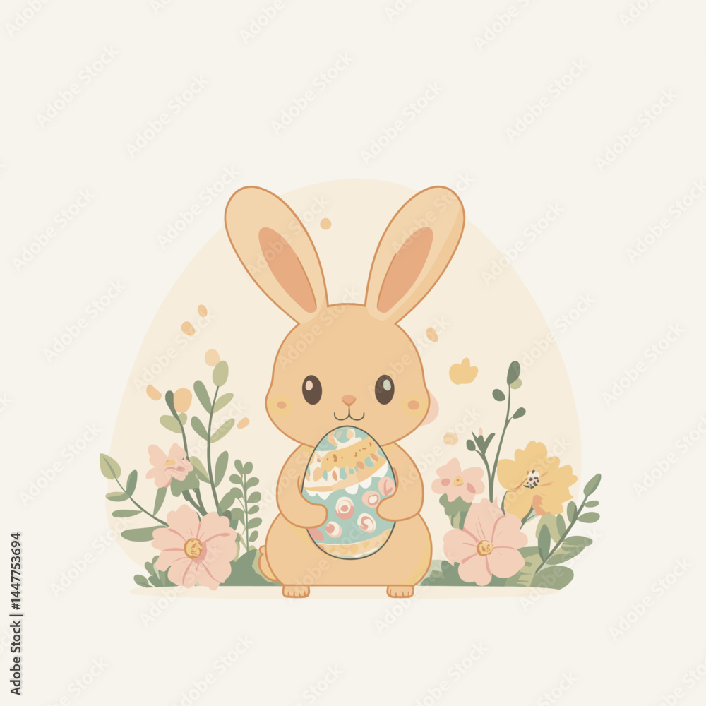 Obraz premium A cute bunny holds a colorful egg among pastel flowers.