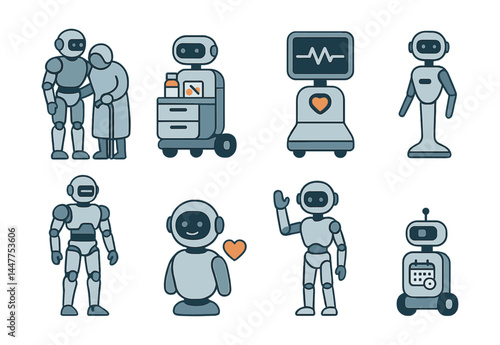 Healthcare robotics icons set – nurse, caregiver, medicine, heart monitor, assistance