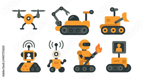 Search and rescue robots icons set – drone, excavator, rover, communication, firefighting