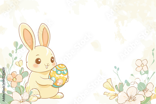 A cute bunny holds a colorful egg among pastel flowers.