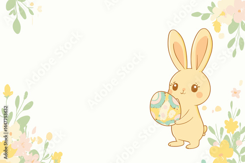 A cute bunny holds a colorful egg among pastel flowers.