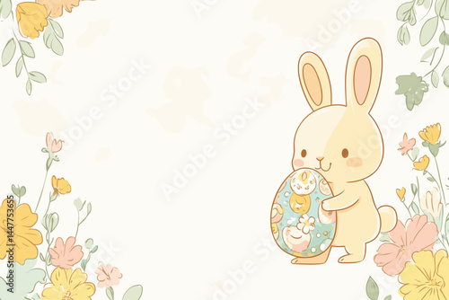A cute bunny holds a colorful egg among pastel flowers.