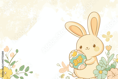 A cute bunny holds a colorful egg among pastel flowers.