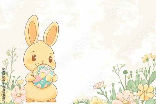 A cute bunny holds a colorful egg among pastel flowers.