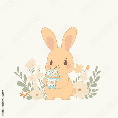 A cute bunny holds a colorful egg among pastel flowers.