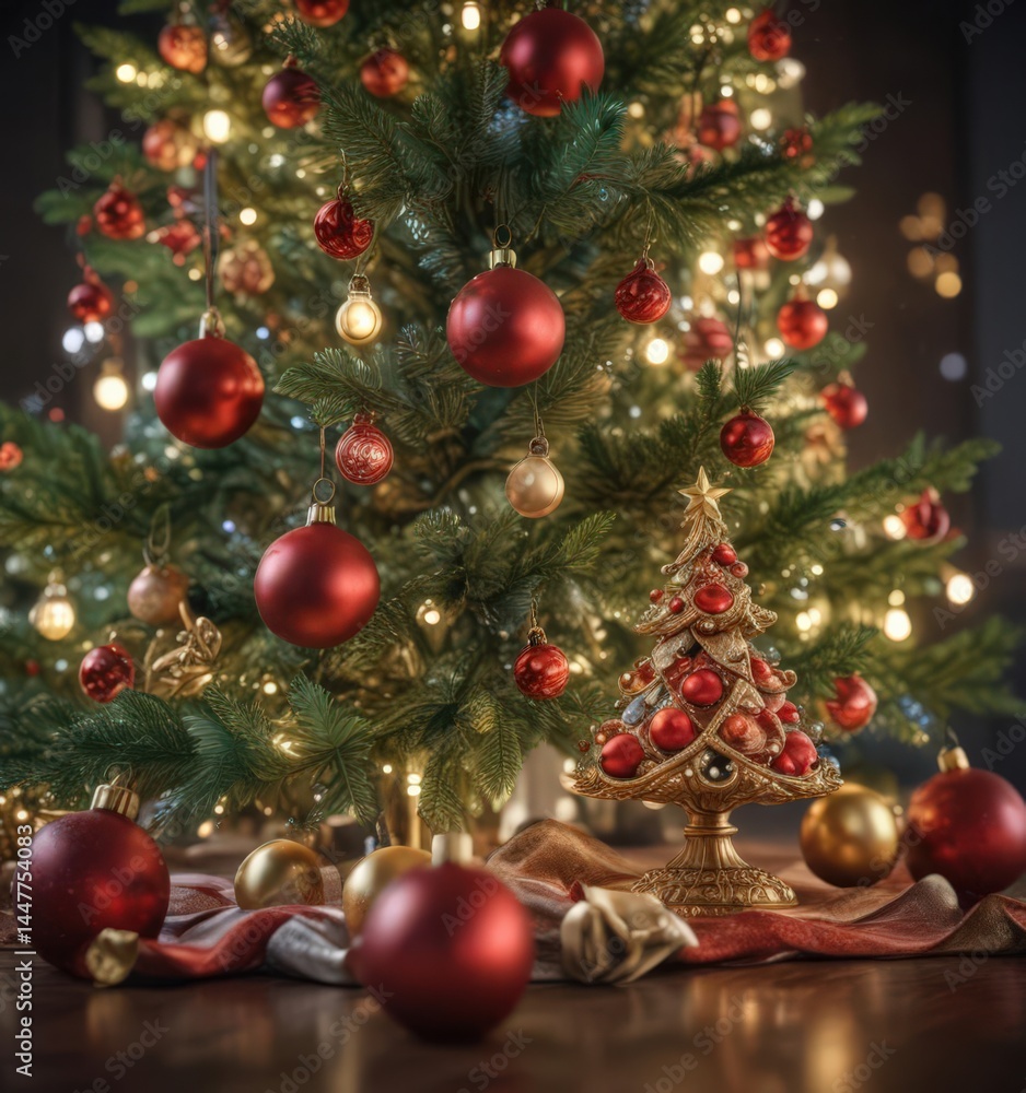 Obraz premium Ornate Christmas tree, vibrant baubles, glowing bokeh , visual, background