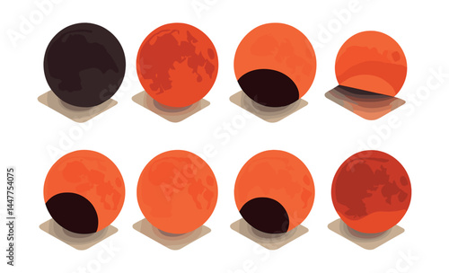 Lunar eclipse phases icons set – blood moon, partial eclipse, shadow stages, night sky
