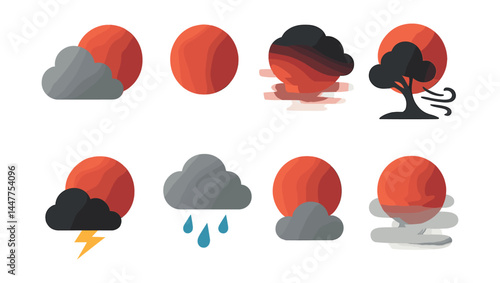 Red moon weather icons set – lightning, rain, wind, sun, cloud, storm, evening, overcast, twilight