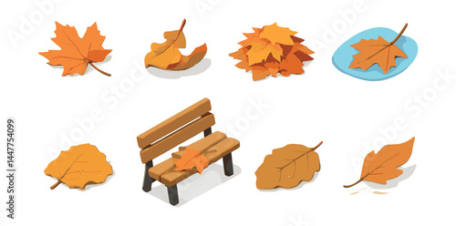 Autumn icons set – maple leaf, oak leaf, pile, bench, floating, orange, yellow, seasonal