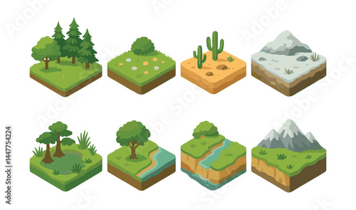 Wild habitat icons set – forest, meadow, desert, snowy, swamp, river, mountain