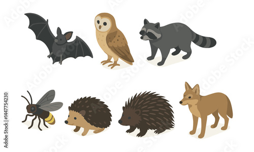 Nocturnal wildlife icons set – bat, owl, raccoon, wolf, bee, hedgehog, porcupine