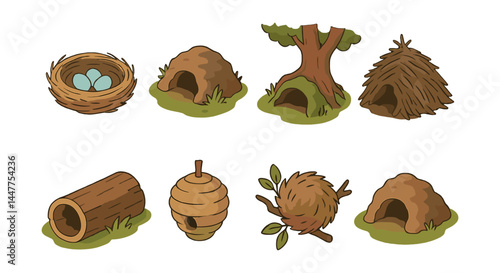 Animal shelters icon set – nest, burrow, tree, hut, hollow, hive, den