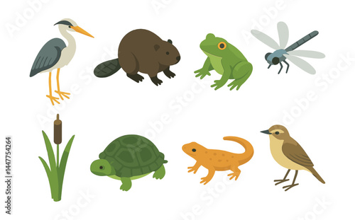 Wetland wildlife icons set – heron, beaver, frog, dragonfly, cattail, turtle, newt, bird