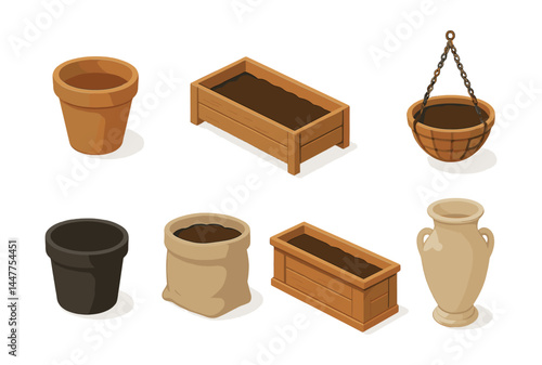 Isometric gardening container icons set – pots, planter, basket, vase, soil