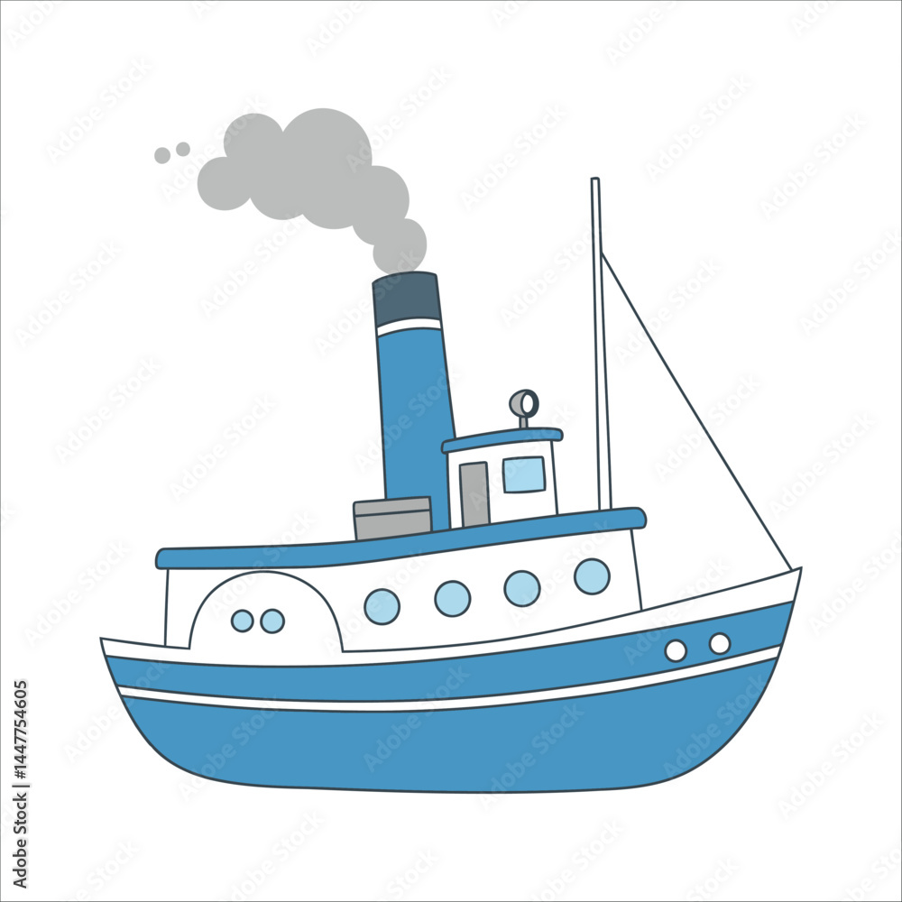 Obraz premium Illustration of a simplistic, cartoon-style blue and white steamship. It features a tall blue smokestack emitting gray smoke