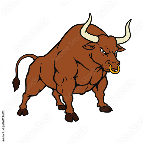 A cartoon illustration of an imposing brown bull with large, curved ivory horns and a gold nose ring.