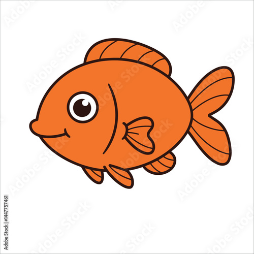 A cartoon-style orange fish with large, expressive eyes is illustrated against a white background. 