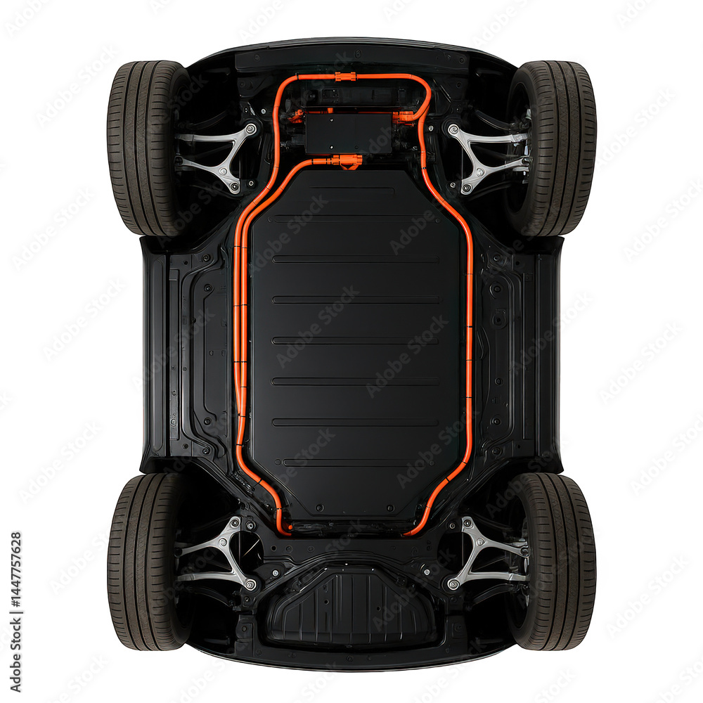 Naklejka premium Electric vehicle undercarriage revealing the flat integrated battery, orange high-voltage cables, and sophisticated suspension.