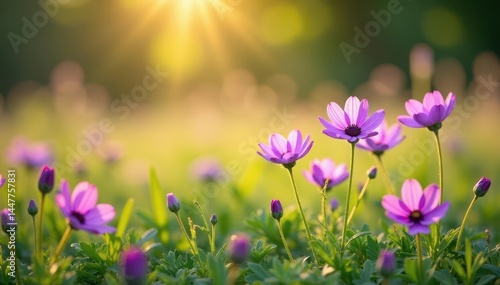 Delicate purple & pink wildflowers blanket a sun-drenched meadow , botany, carpet