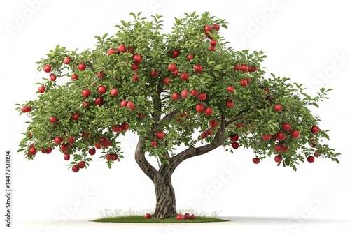Lush Apple Tree Abundant with Red Apples on white background