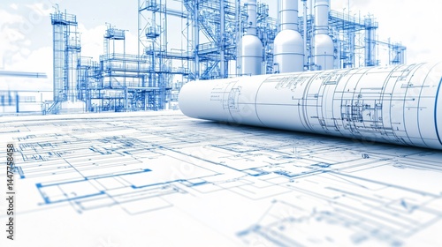 An industrial plant floor plan overprinted with construction blueprints and dynamic build sketch of process piping supports and equipment foundations