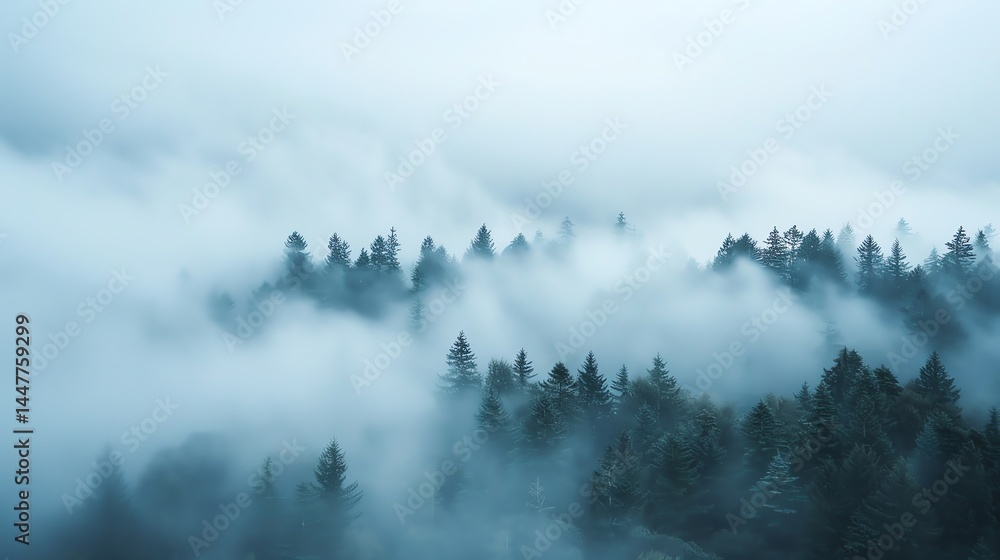 Fototapeta premium Foggy forest landscape with pine trees. The image is shrouded in mist, creating a sense of mystery and tranquility.